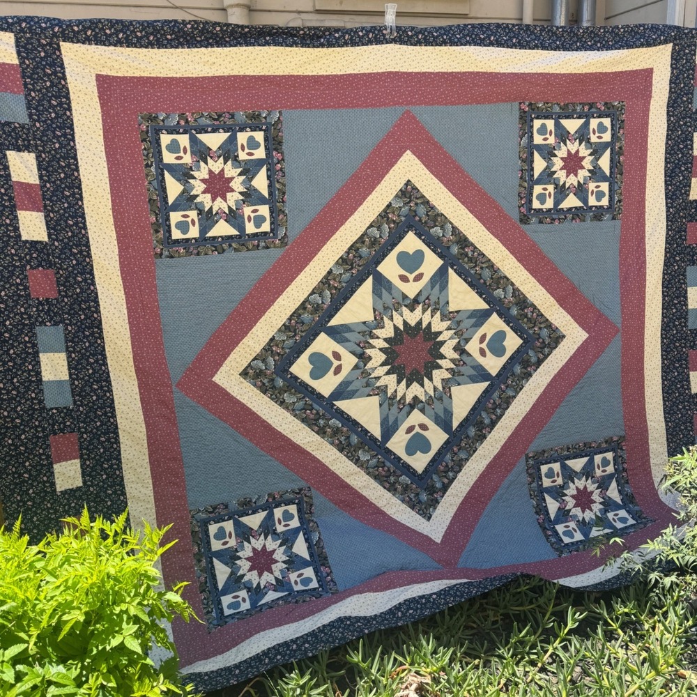 Handmade Vintage Quilt Queen Blue Red Lone Star Heart Floral Patchwork 82x102" - Picture 3 of 16